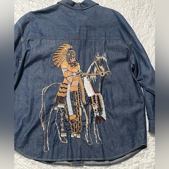 TOGETHER Vintage Denim Native American Indian Embellished Shirt Size 2X - Picture 6 of 8